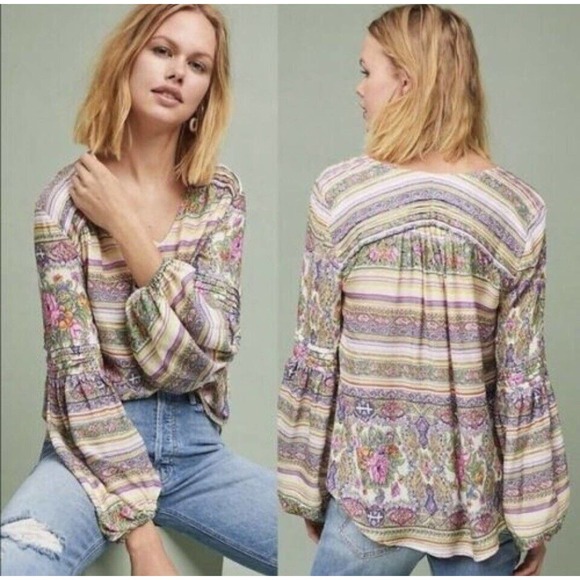 Anthropologie Maeve •S• Floral Print Ceresco Peasant Top Blouse BOHO Shirt Puff - Picture 1 of 12